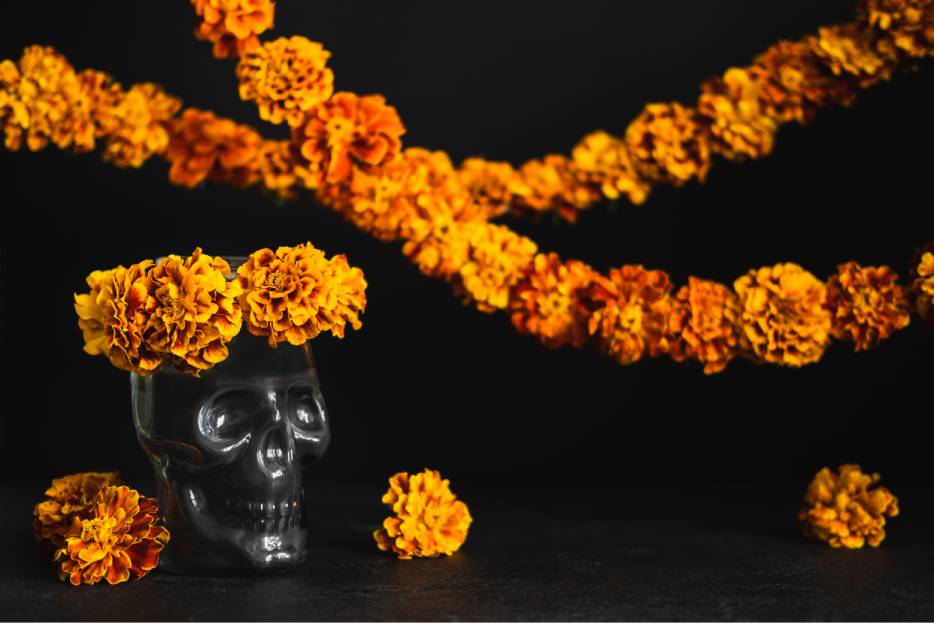 Flor de cempasúchil en altar de Día de Muertos